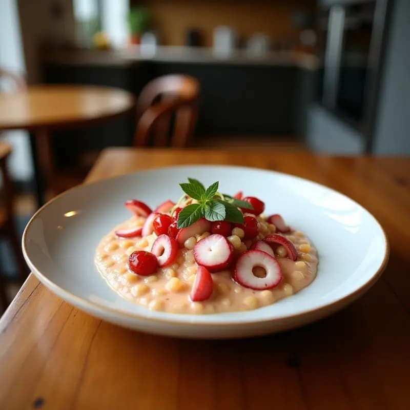 Ceviche de pulpo con leche de coco y chili servido en un plato hondo blanco, con trozos de pulpo marinado en salsa cremosa, cebolla morada, pimiento amarillo y decorado con semillas de sésamo negro y cilantro fresco.