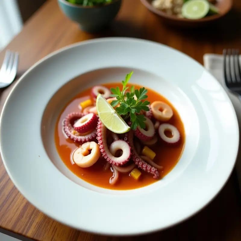 Ceviche filipino de pulpo en trozos tiernos bañados en una salsa cremosa de leche de coco y limón verde, decorado con semillas de sésamo, cilantro fresco y rodajas de pimiento rojo sobre un plato blanco rústico.