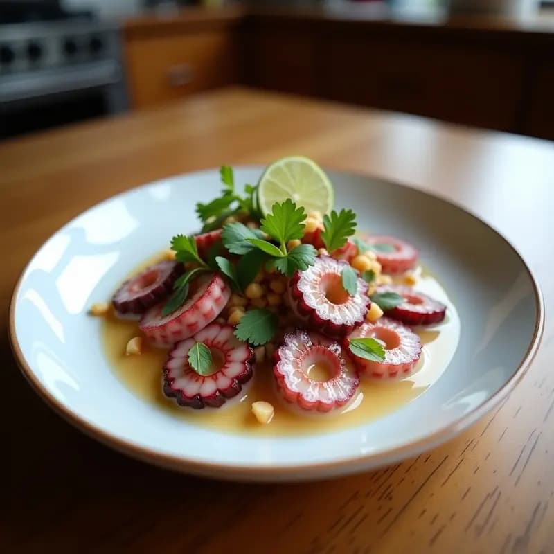 Ceviche de pulpo costarricense en copa de cristal transparente, con trozos de pulpo blanco marinado en leche de coco y lima, acompañado de cebolla morada, pimiento rojo y cilantro fresco. Decorado con rodaja de lima y servido sobre fondo de madera rústica con tostadas de plátano verde.