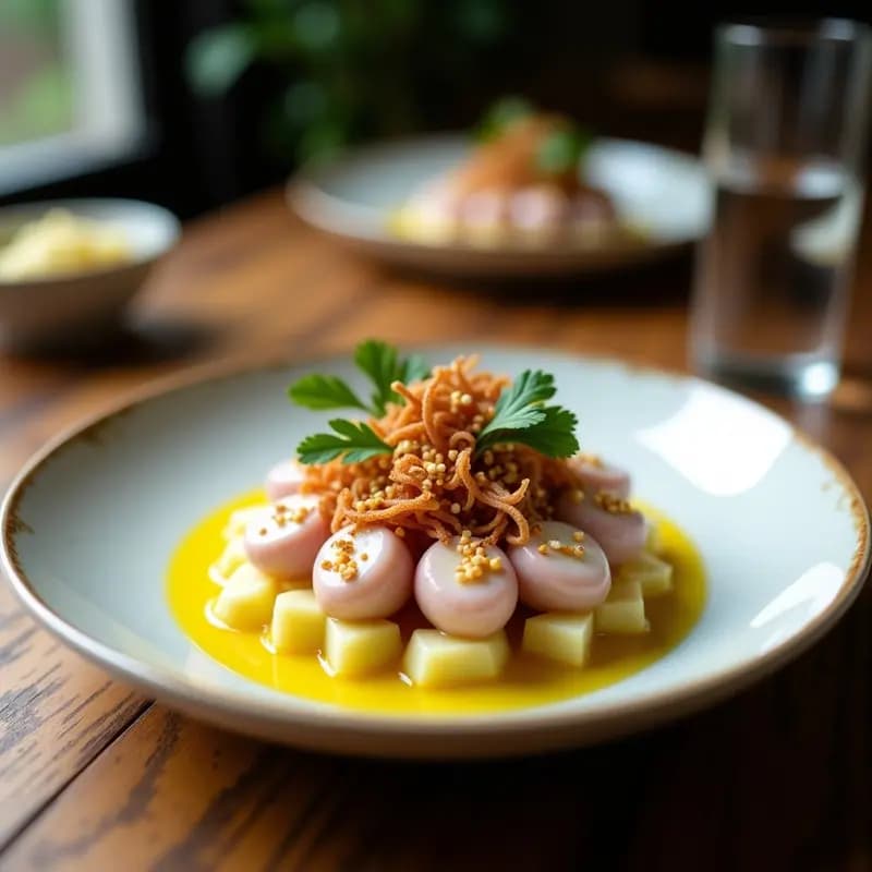 Plato de ceviche de pulpo con leche de tigre de yuzu y slim en base de camote blanco, decorado con alga slim crujiente, cancha serrana, pimienta rosa y cilantro fresco. Receta peruana gourmet alta en proteína y baja en calorías.