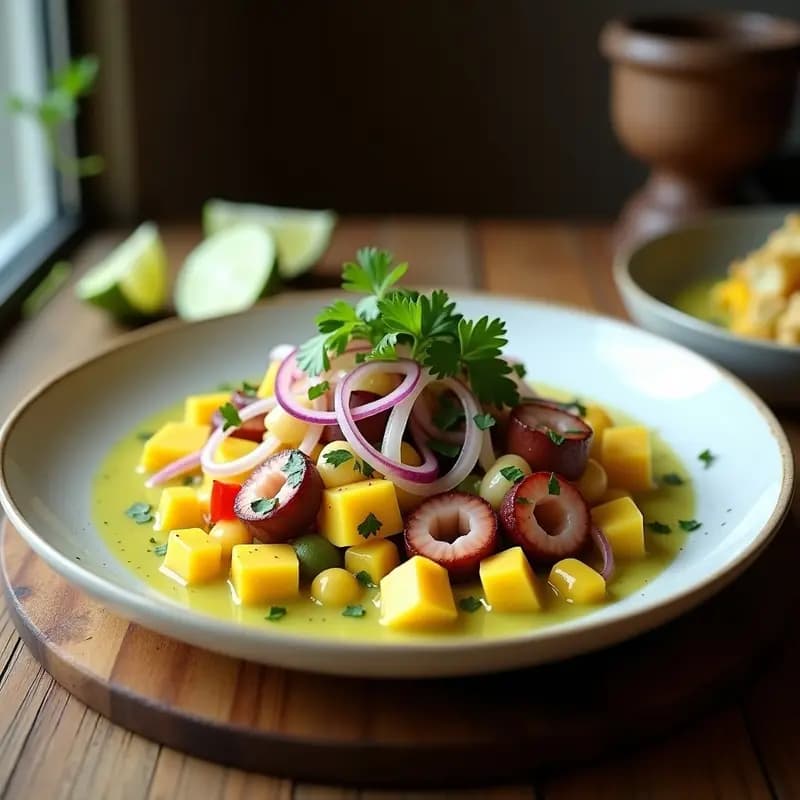 Ceviche de pulpo y mango verde ecuatoriano servido en plato hondo de barro, con trozos de pulpo tierno, juliana de mango verde, cebolla morada, palmito y maíz tostado dorado, bañado en leche de tigre amarilla. Decorado con culantro fresco y rodajas de limón.