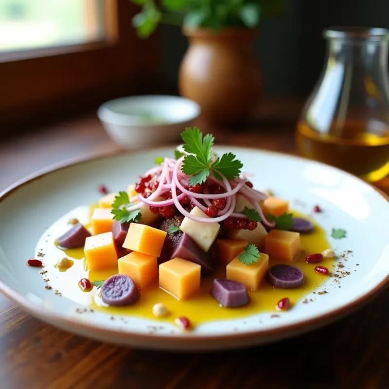 Plato de ceviche de pulpo y patata dulce morada en capas, con leche de tigre amarilla, cebolla roja, pimienta rosa y cancha serrana tostada alrededor. Receta peruana innovadora con toque andino.