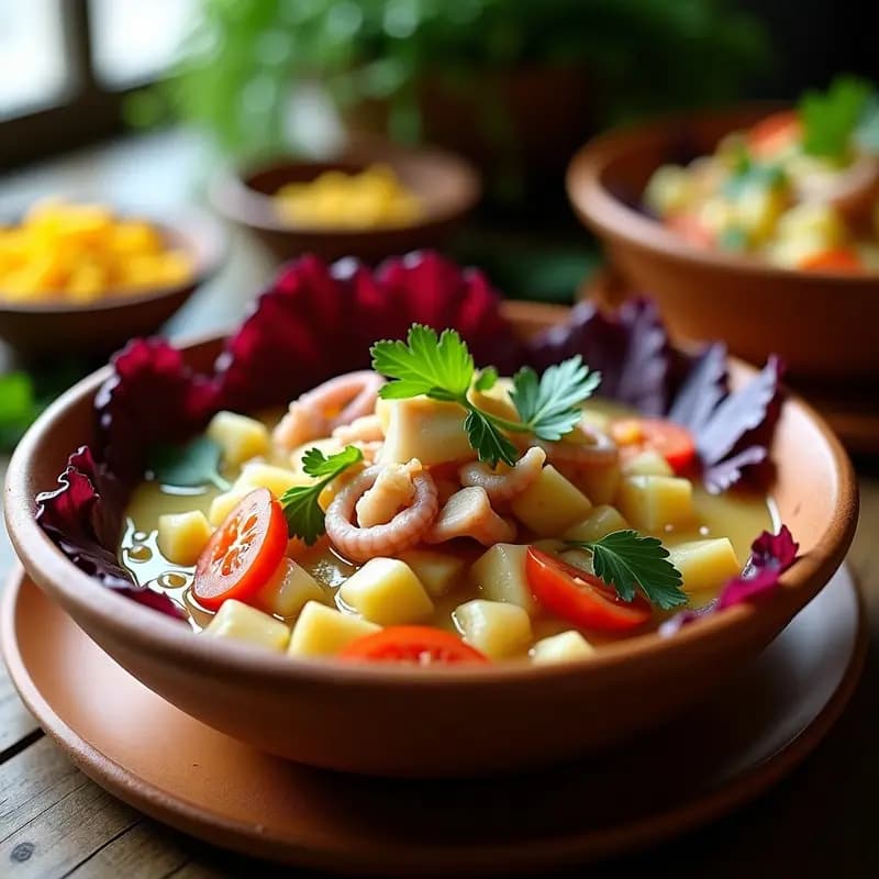 Plato hondo de barro con Ceviche de Pulpo y Yuca ecuatoriano: pulpo tierno en trozos, rodajas de yuca blanca, cebolla morada, tomate cherry y cilantro, bañado en Leche de Tigre de Limón y Naranja de color amarillo pálido, decorado con hojas de lechuga morada y acompañado de maíz tostado.