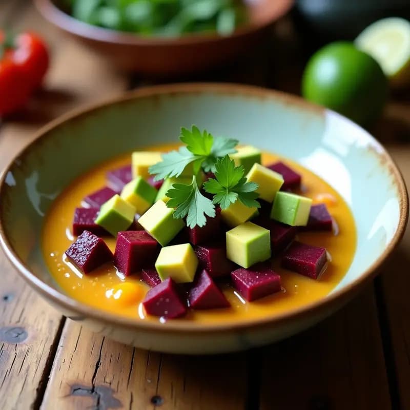 Ceviche vegano de remolacha y aguacate con leche de tigre de tomate amarillo, servido en copa de cristal con decoración de cilantro y rodaja de limón, sobre fondo rústico de madera.
