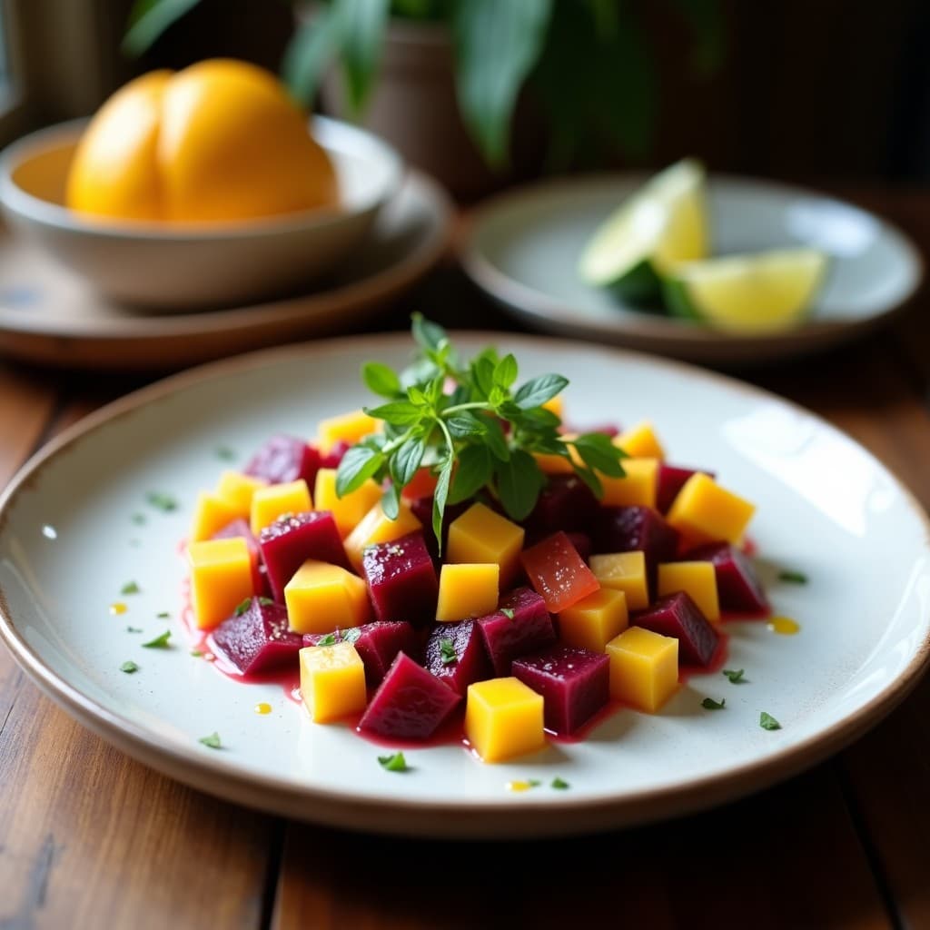 Ceviche vegano de remolacha y mango crudo con leche de coco servido en copa de cristal transparente, con cubos de remolacha rosa, mango amarillo, cebolla morada, semillas de sésamo y hojas de cilantro. Fondo borroso con rodajas de lima y algas nori.