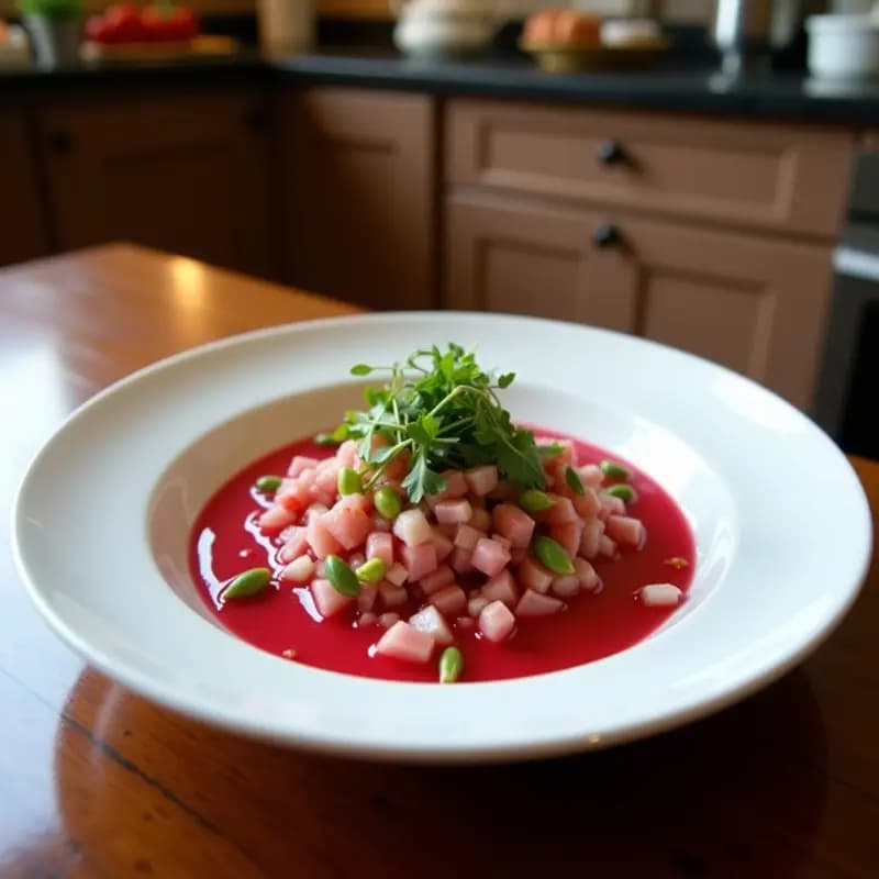 Ceviche Violeta de Remolacha y Salmón servido en copa transparente, con capas de salmón rosado, remolacha morada en cubos y decoración de semillas de sésamo negro y microgreens sobre fondo rústico.