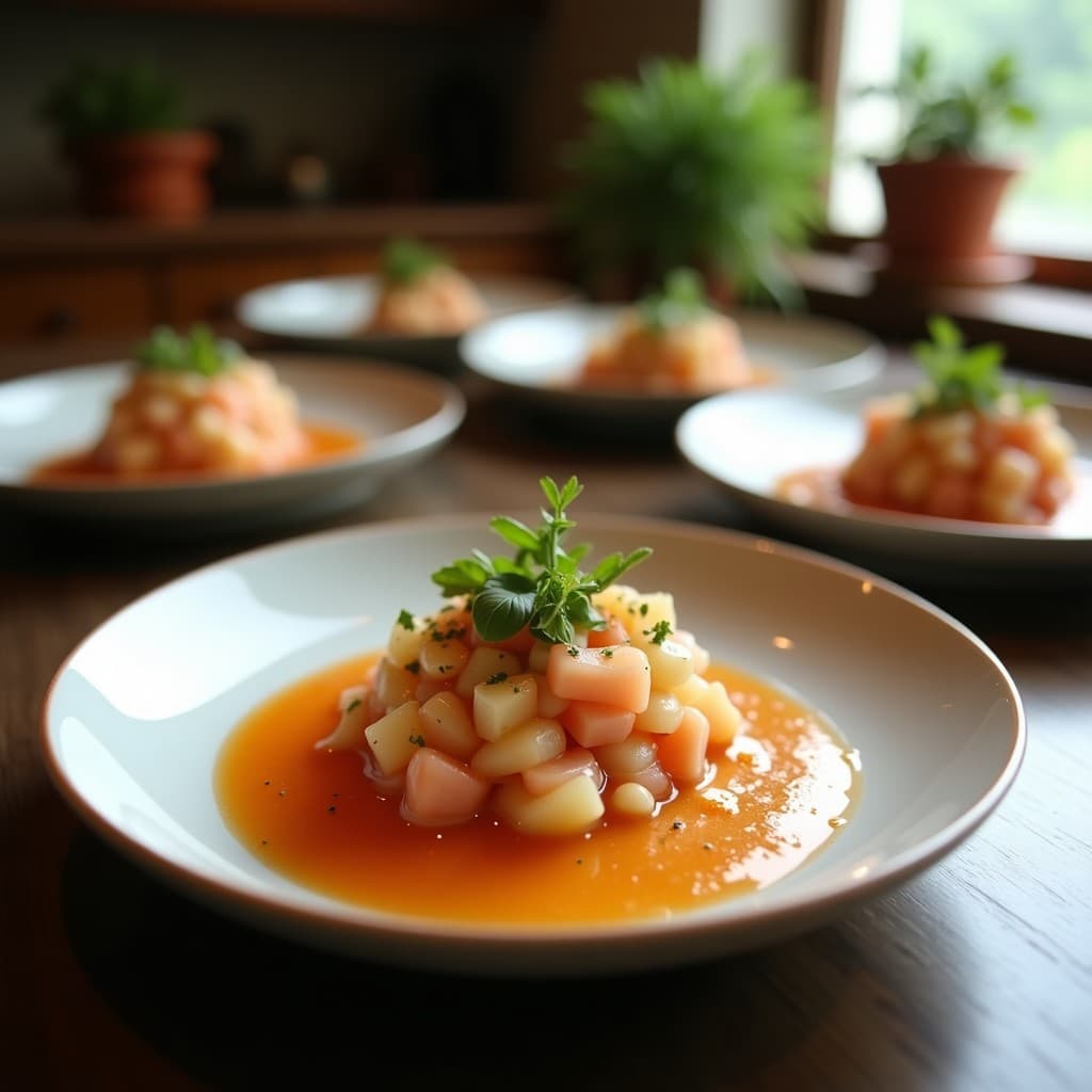 Ceviche vegano de remolacha y grano de trigo sarraceno servido en copa transparente, con capas vibrantes de remolacha en cubos, trigo sarraceno germinado, cebolla morada y cilantro, decorado con semillas de sésamo y hojas de menta sobre un fondo rústico.