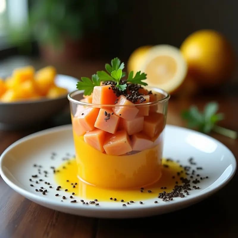 Ceviche de salmón ahumado y mango en copa de cristal transparente, decorado con algas nori, semillas de sésamo negro y rodajas de yuzu, sobre fondo de madera oscura. Receta peruana-japonesa con toques cítricos.