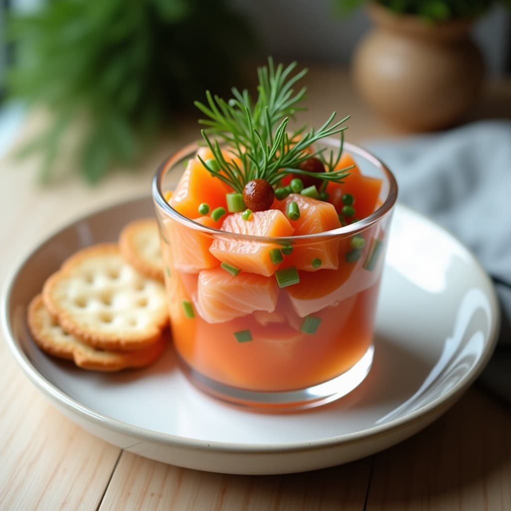 Copa de cristal transparente con ceviche de salmón ahumado en dados, puerro en juliana y eneldo fresco, bañado en un marinado dorado. Decorado con semillas de sésamo tostadas y ralladura de limón sobre fondo rústico de madera clara.