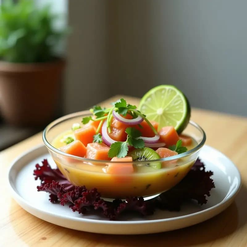 Ceviche de salmón y kiwi con leche de tigre de lima servido en copa de cristal sobre hoja de lechuga morada, decorado con rodajas de lima y cilantro fresco. Plato fresco y colorido de cocina peruana fusión gourmet.