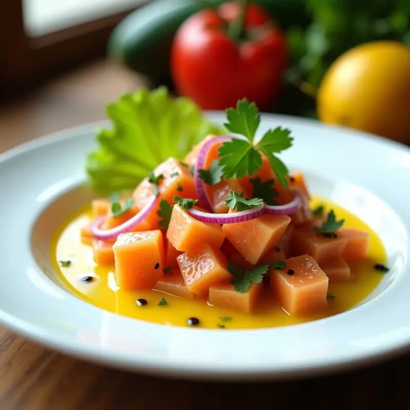Plato blanco elegante con ceviche de salmón en cubos rosados, bañado en salsa amarilla de lulo y granadilla, decorado con semillas negras de granadilla y cilantro fresco sobre hojas de lechuga. Receta colombiana con frutas exóticas.