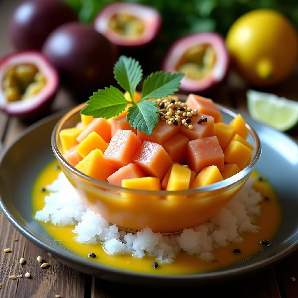 Ceviche de salmón con mango y leche de tigre de maracuyá servido en copa de cristal transparente sobre hielo picado, decorado con semillas de sésamo tostado y cilantro fresco, con rodajas de limón y maracuyá al lado.