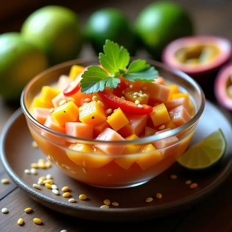Ceiche de salmón y mango con toque de maracuyá servido en copa de cristal sobre hielo picado, decorado con rodajas de maracuyá y cilantro fresco. Plato colorido y fresco típico de la cocina ecuatoriana.
