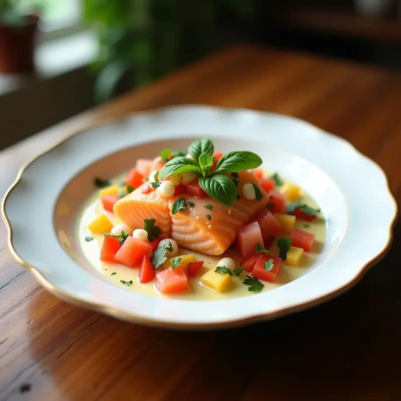 Plato hondo de cerámica blanca con ceviche de salmón en cubos rosados, bañado en salsa cremosa amarilla de maracuyá y leche de coco, acompañado de camote morado, cancha serrana y hojas de lechuga, decorado con cilantro fresco y rodajas de maracuyá.