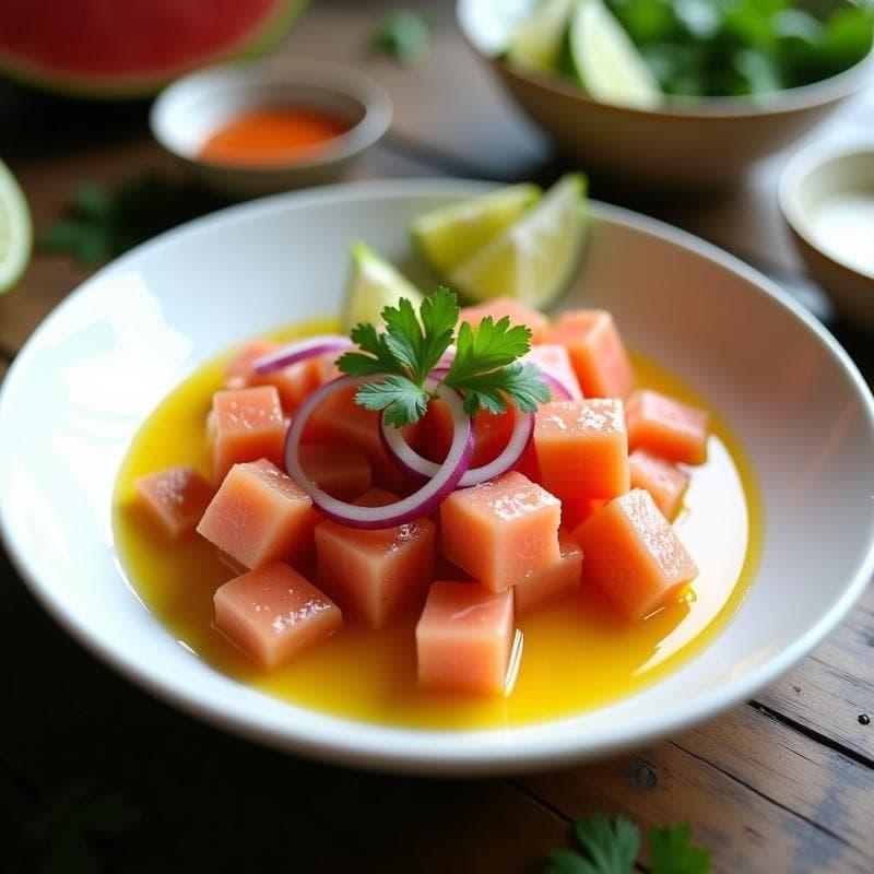 Plato de ceviche Nikkei con cubos de salmón fresco y sandía, bañados en leche de tigre de maracuyá amarilla. Decorado con cebolla morada, cilantro y rodajas de limón verde sobre fondo rústico de madera.