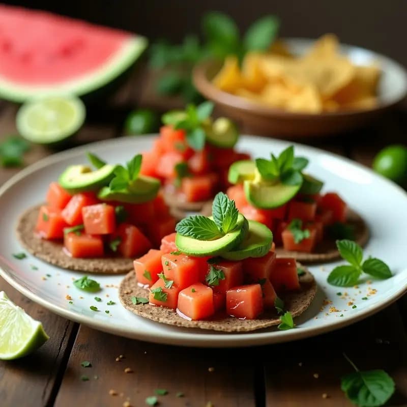 Ceviche vegano de sandía y jitomate en cubos brillantes, con aderezo de limón y cilantro, servido en tortillas de maíz azules. Decorado con láminas de aguacate, hojas de menta y un toque de chile en polvo. Plato colorido, fresco y perfecto para redes sociales.
