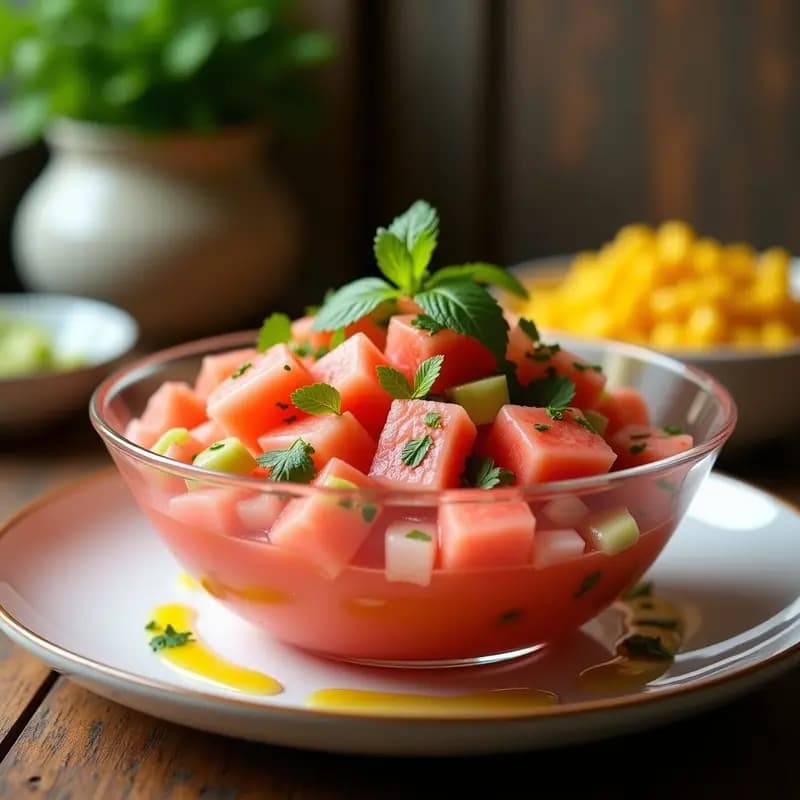 Ceviche de sandía y langostino servido en copa de cristal transparente, con cubos de sandía roja, langostinos rosados y decoración de hojas de menta y semillas de sésamo. Fondo borroso con limones verdes y ají amarillo.