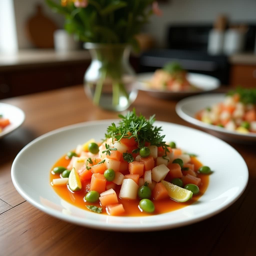 Ceviche de sandía y pepino servido en copa de cristal transparente, con cubos rojos de sandía, verdes de pepino, cebolla morada en juliana y hojas de cilantro y menta. Fondos borrosos con limones verdes y rodajas de chile de árbol sobre una mesa de madera rústica bajo luz natural.