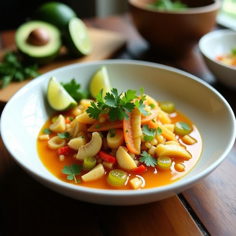 Plato de ceviche de seta ostra y cítricos con aliño de ají amarillo, servido en un bol blanco con aguacate, cebolla morada y cilantro fresco, sobre una mesa de madera rústica.