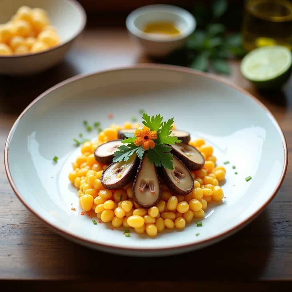Plato blanco moderno con ceviche de setas shitake marinadas en leche de tigre, sobre una base de algodón de azúcar de maíz dorado. Decorado con juliana de cebolla roja, culantro fresco y hilos crujientes de caramelo de maíz. Receta vegana peruana con contraste de texturas y colores vibrantes.
