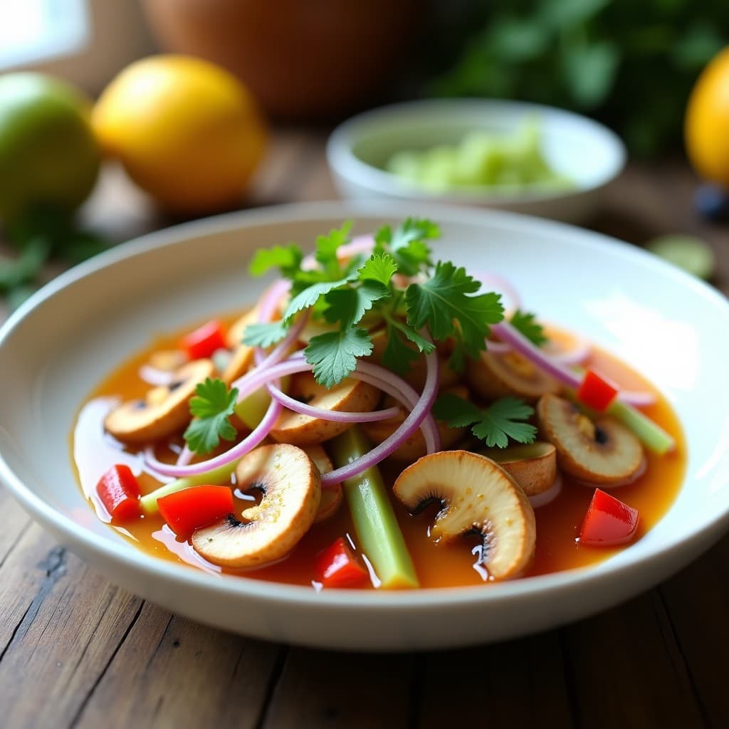 Ceviche vegano de setas shiitake marinadas en leche de tigre de limón y jengibre, servido en un plato blanco con cebolla morada, pimiento rojo y cilantro fresco. Plato fresco y colorido con toques umami.