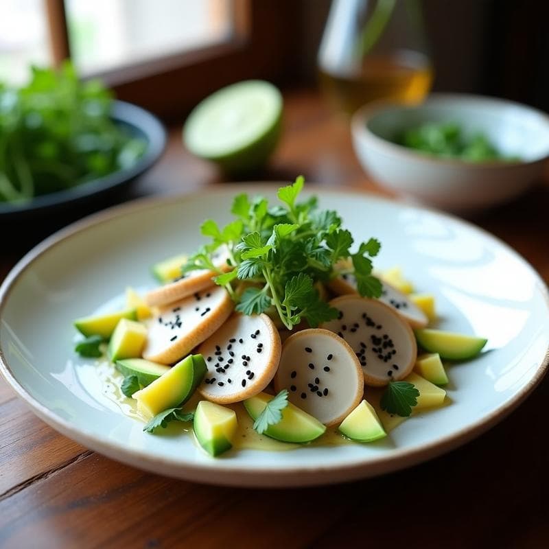 Ceviche vegano de setas ostra y algas wakame con leche de limón, servido en un bol de cerámica blanca sobre fondo rústico. Las setas en láminas, algas hidratadas, cebolla morada, pimiento rojo y semillas de sésamo son visibles, con un toque de cilantro fresco y rodajas de limón como decoración.