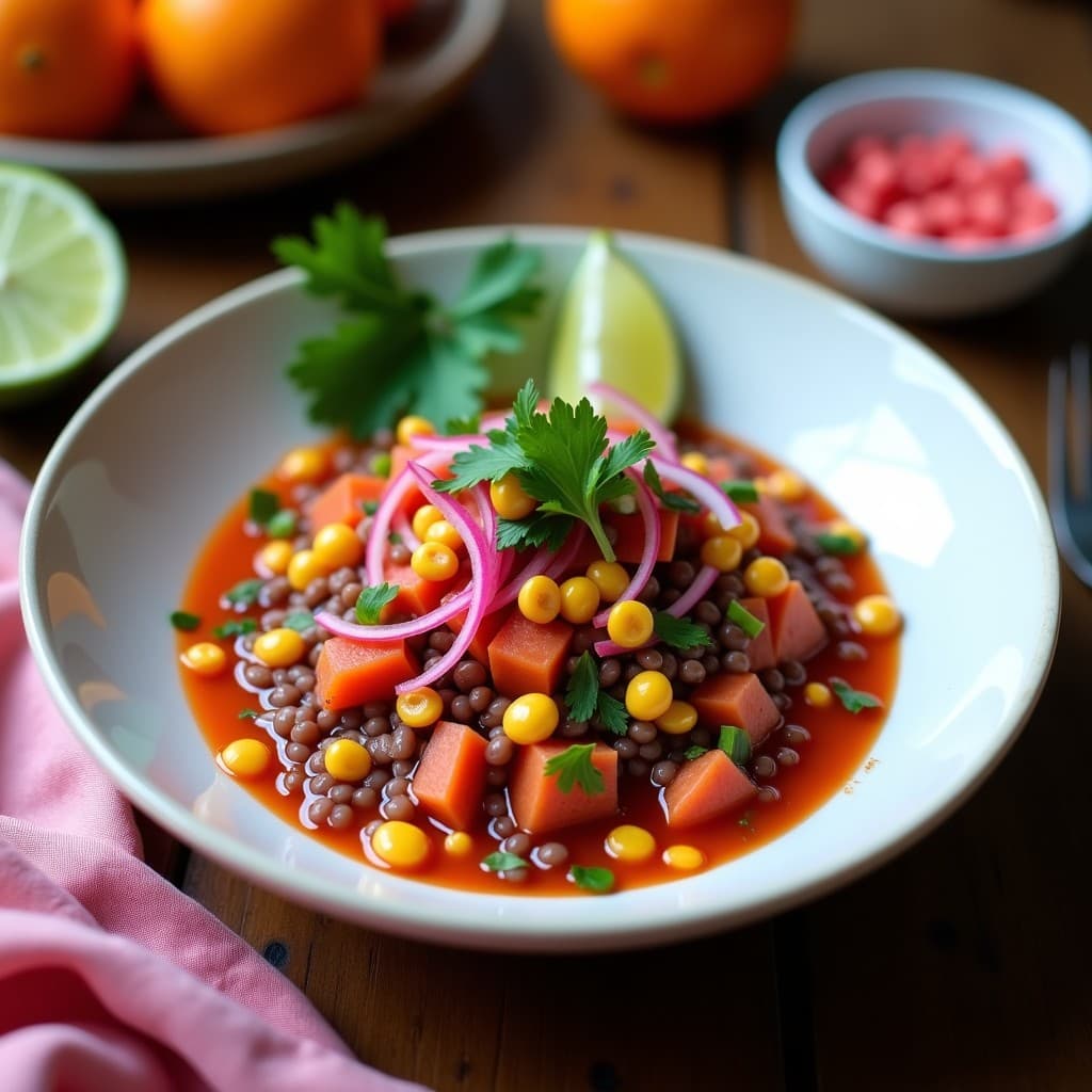 Ceviche vegano de lentejas rojas servido en un plato hondo de cerámica blanca, con rodajas de camote morado, granitos de maíz y cilantro fresco, receta peruana express.