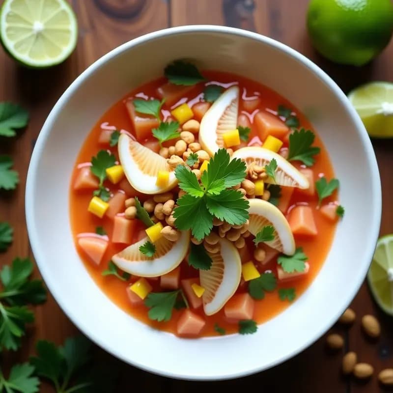 Plato de ceiche vegano de palmito con coyuntura de limón y camu camu, servido en un bowl de cerámica blanca con rodajas de limón verde, maní tostado triturado y culantro fresco. Los trozos de palmito brillantes bañados en una salsa rosada vibrante, rodeados de cebolla morada, apio y ají amarillo. Receta peruana sin pescado, antioxidante y fresca.