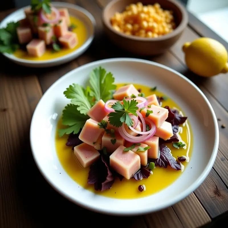 Plato de ceviche de ventresca con leche de tigre de lulo y hinojo, servido en bowl de cerámica blanca con decoración de hojas de cilantro y cancha serrana, sobre fondo rústico de madera.