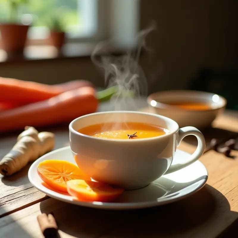 Taza de porcelana blanca humeante con Chá de Cenoura com Gengibre, té brasileño energizante de color dorado intenso, decorado con rodajas de zanahoria y jengibre fresco sobre una mesa de madera rústica.