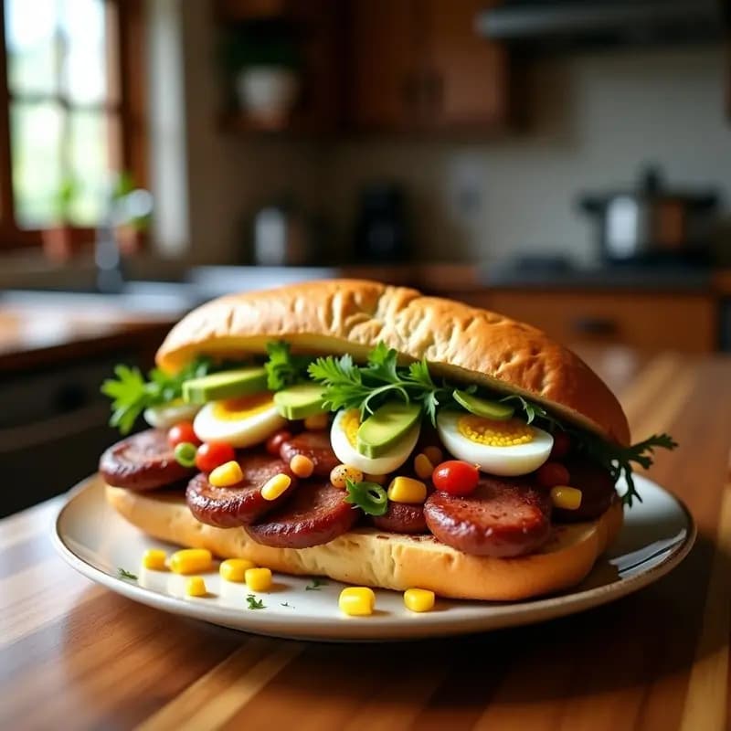 Chacarero Completo Chileno en Airfryer: pan marraqueta abierto relleno de longaniza dorada, porotos granados, choclo, huevo duro, aguacate y pebre fresco, con textura crujiente y colores vibrantes.