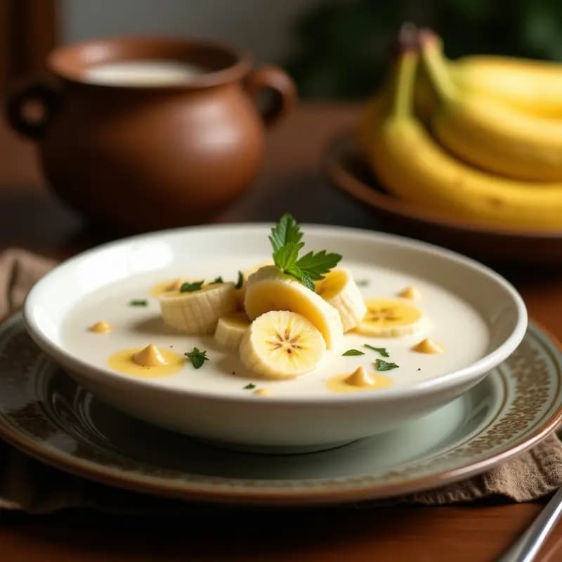 Vaso alto transparente con ChaCha de plátano macho y leche de coco, bebida colombiana energética sin azúcar, decorada con pulpa de plátano asado, semillas de sésamo y una ramita de canela, sobre fondo de madera rústica con hojas de plátano.