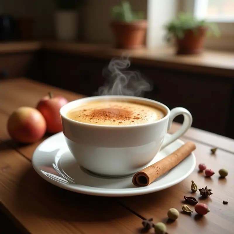Taza de cerámica blanca humeante con chai latte especiado sin cafeína, decorada con una pizca de canela en polvo y una ramita de canela al lado, sobre una mesa de madera rústica con especias esparcidas (cardamomo, clavo y pimienta rosa).