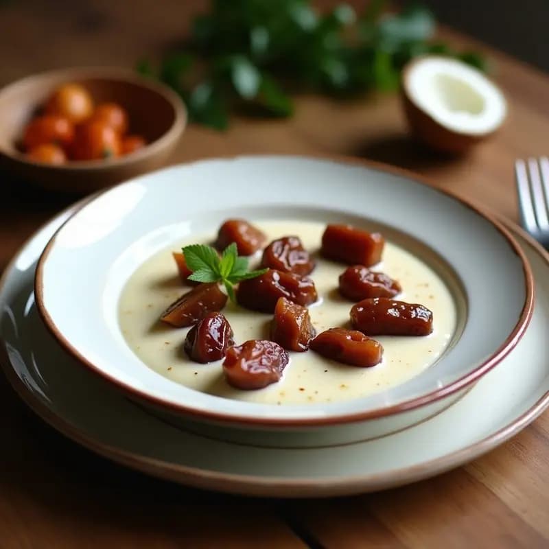 Taza de porcelana blanca con Chai Latte vegano, espuma de coco cremosa y espolvoreada con canela en polvo, sobre fondo de madera rústica con especias enteras (cardamomo, clavo, canela) y hojas de té dispersas.