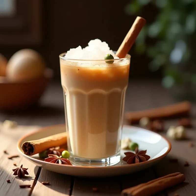 Vaso alto transparente con Chai Latte Helado con Avena y Cardamomo, decorado con hielo picado, una ramita de canela y semillas de cardamomo sobre una mesa de madera rústica con especias esparcidas alrededor.