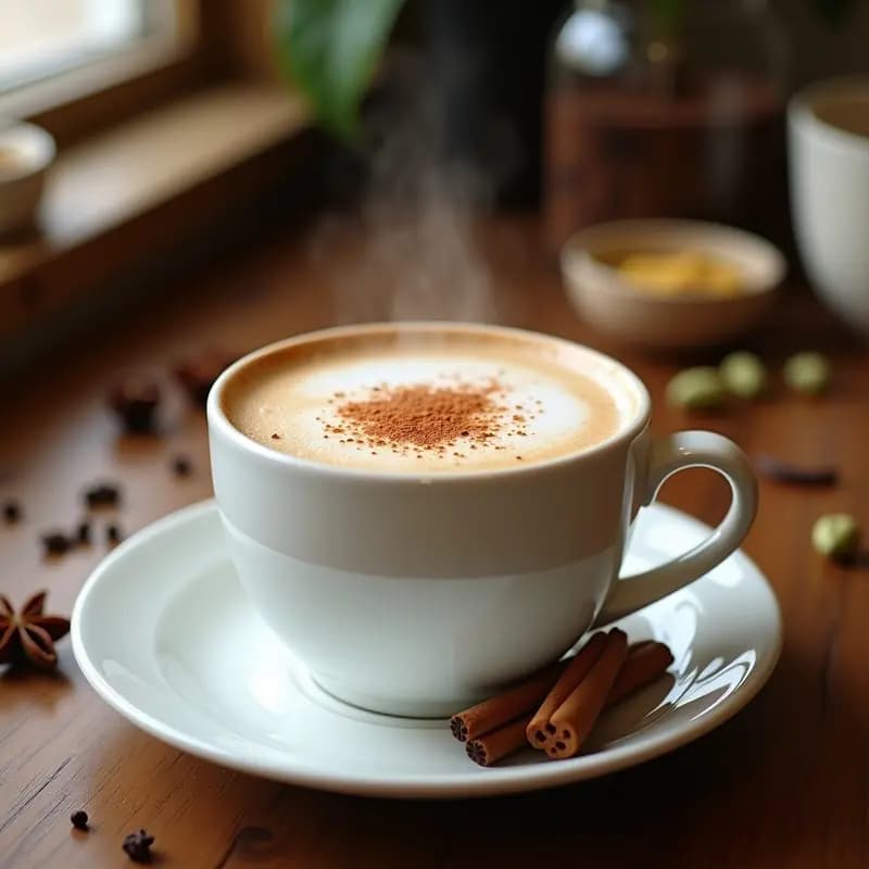 Taza de cerámica blanca humeante con Chai Latte Especiado con Leche de Almendras, decorada con espuma cremosa y un toque de pimienta de Jamaica molida. Fondo con especias enteras como anís estrellado, clavo y canela en rama sobre una mesa de madera rústica.