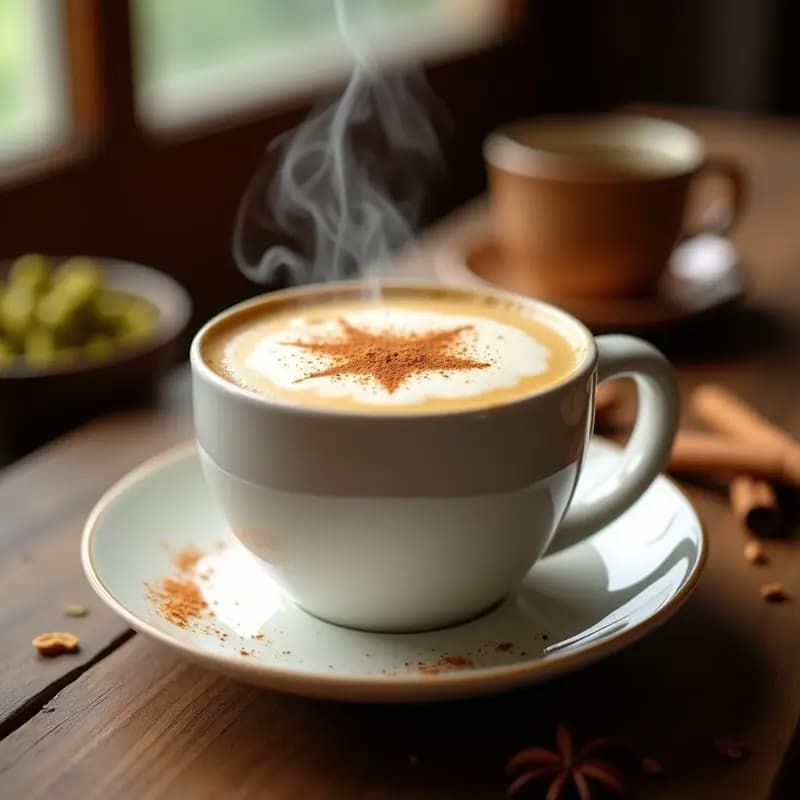 Taza de porcelana blanca con Chai Latte Indio humeante, decorada con una pizca de canela en polvo y una hoja de menta fresca, sobre una mesa de madera rústica con especias enteras al fondo.