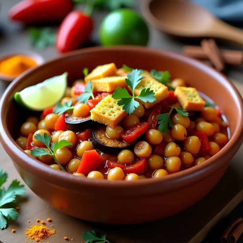 Plato hondo de barro con Chakalaka Sudafricana: mezcla colorida de garbanzos dorados, berenjena asada, pimiento rojo y tomate, coronada con cubos crujientes de pan de maíz tostado y hojas de cilantro fresco. Fondo rústico con especias y limón.