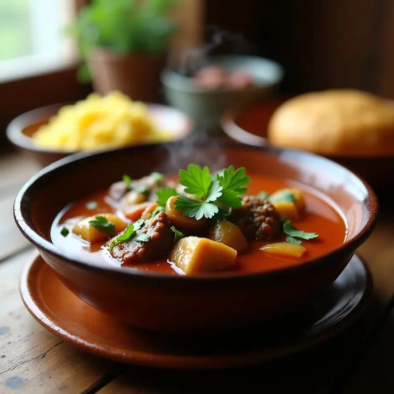 Plato hondo de barro con Chakapuli Georgiano: estofado de cordero en salsa ácida con ciruelas verdes, cilantro fresco y especias, servido con pan de maíz. Receta tradicional en olla lenta.