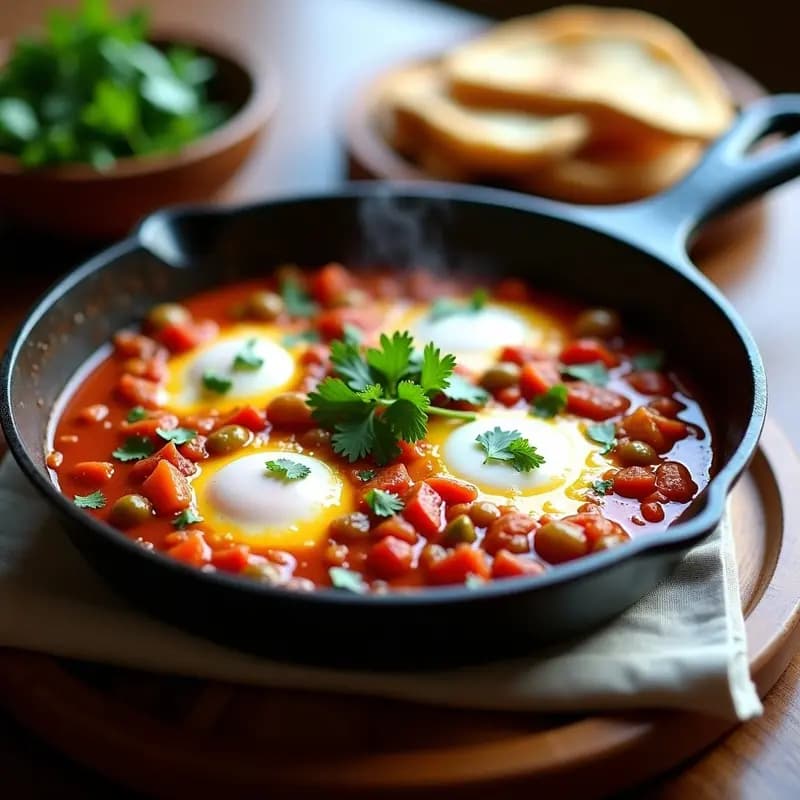 Plato hondo de barro con chakchouka tunecina: estofado espeso de tomate, berenjena y pimientos rojos, coronado con filetes de merluza blanca, huevos pochados y espolvoreado con cilantro fresco. Fondo rústico con pan de pita al lado.