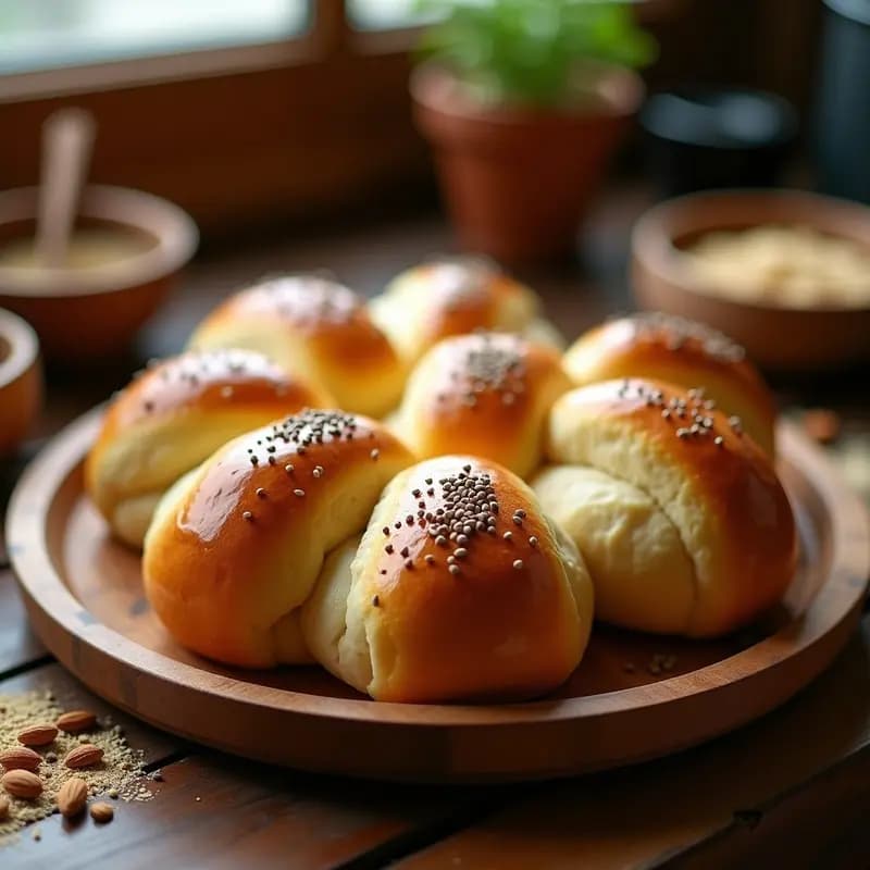 Challas de harina de almendra y cardamomo keto, doradas y esponjosas, con semillas de sésamo negro en la superficie, apiladas en un plato de cerámica blanca sobre una mesa de madera rústica, acompañadas de una taza de té chai.