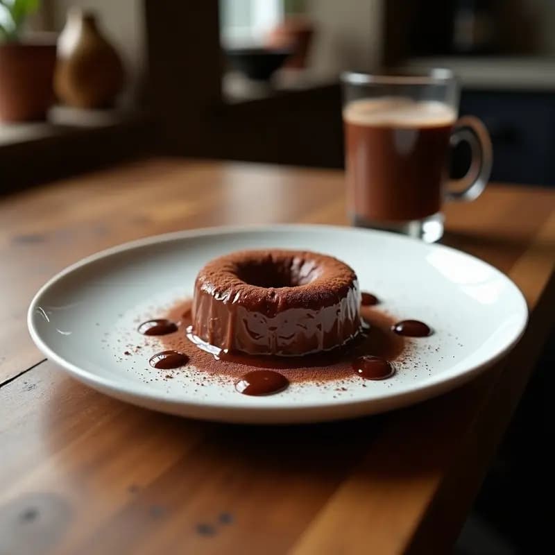 Tazón de barro humeante con champurrado de chocolate y avellanas sin azúcar, espeso y brillante, decorado con avellanas picadas y un espolvoreado de cacao puro, sobre una mesa de madera rústica con una canela en rama al lado.