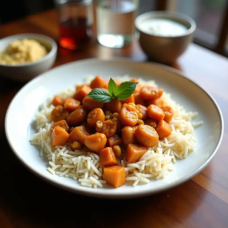 Plato hondo de barro con Chana Masala vegano sobre arroz basmati integral, decorado con hojas de cilantro fresco. Los garbanzos bañados en una salsa espesa y especiada de color ámbar, acompañados de rodajas de limón y semillas de comino visibles. Fotografía con luz natural y fondo rústico.