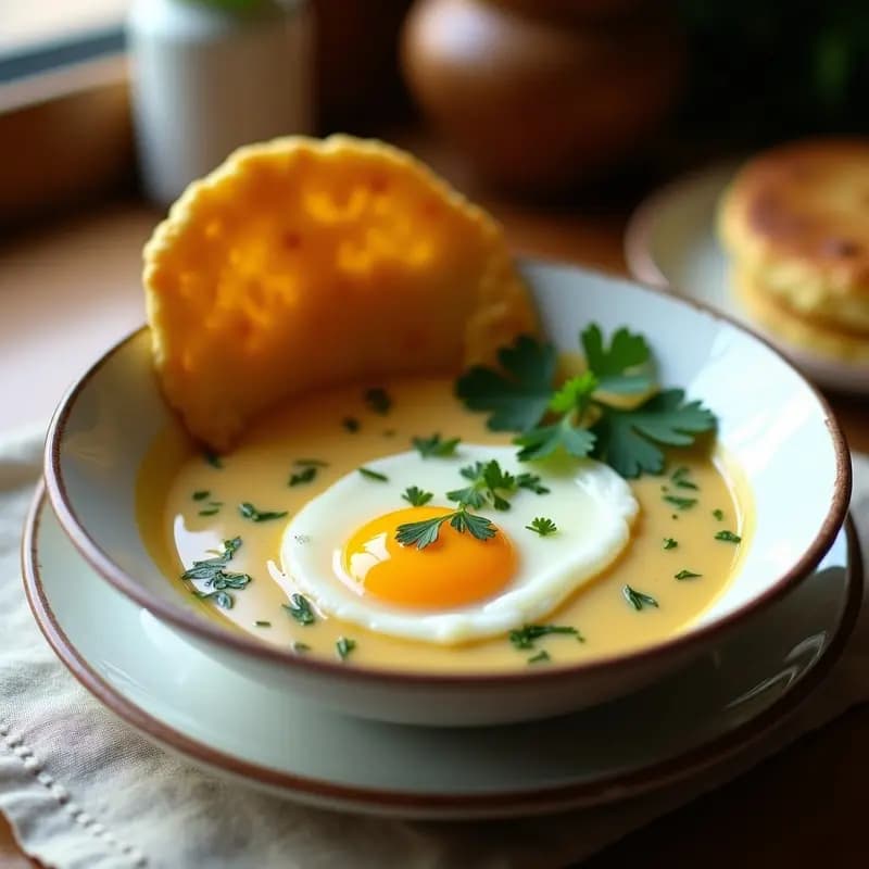 Plato hondo de cerámica blanca con changua colombiana cremosa, huevo poché sobre la superficie y arepa de yuca dorada al lado. Decorado con cilantro fresco y servido en un mantel rústico de lino.