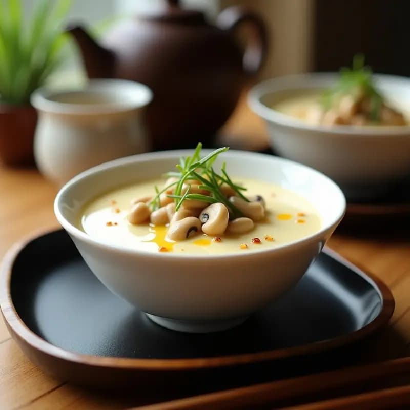 Chawanmushi vegano en tazón de cerámica blanca, con textura sedosa y trozos de hongos shiitake y gingko visibles, decorado con cebollino fresco y aceite de sésamo, servido en bandeja de bambú.