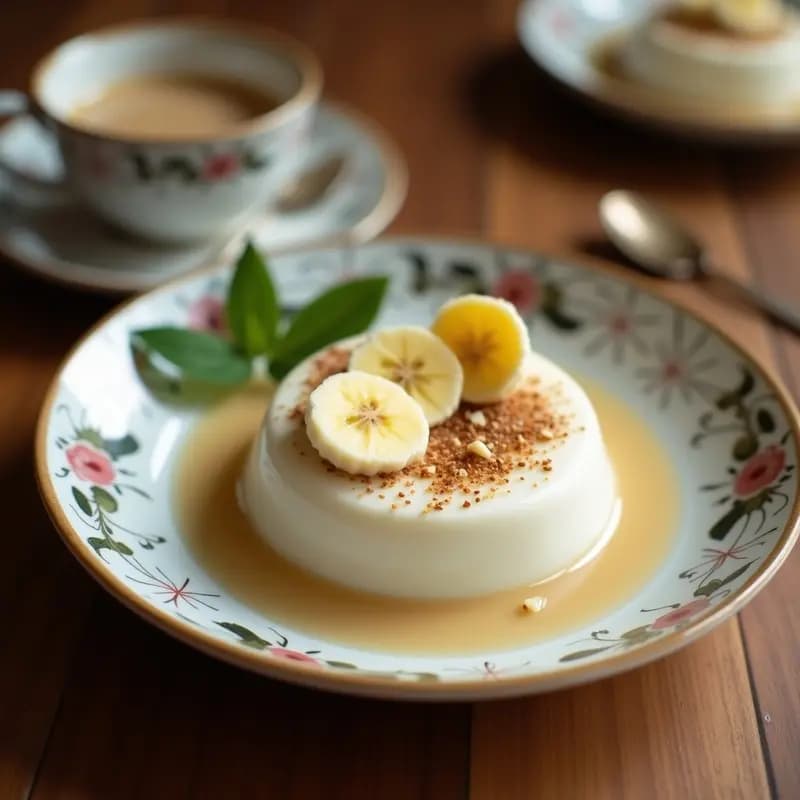 Vasito transparente con capas de gelatina de tapioca transparente, rodajas de plátano dorado con canela, leche de coco cremosa y decorado con coco rallado y semillas de sésamo negro. Postre vietnamita Chè Chuối fresco y colorido.