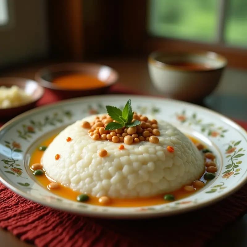 Cuenco de porcelana blanca con Chè Vietnamese de frijoles mungo y coco, decorado con copos de coco, semillas de sésamo negro y hojas de menta fresca, sobre un fondo de madera clara con luz natural.
