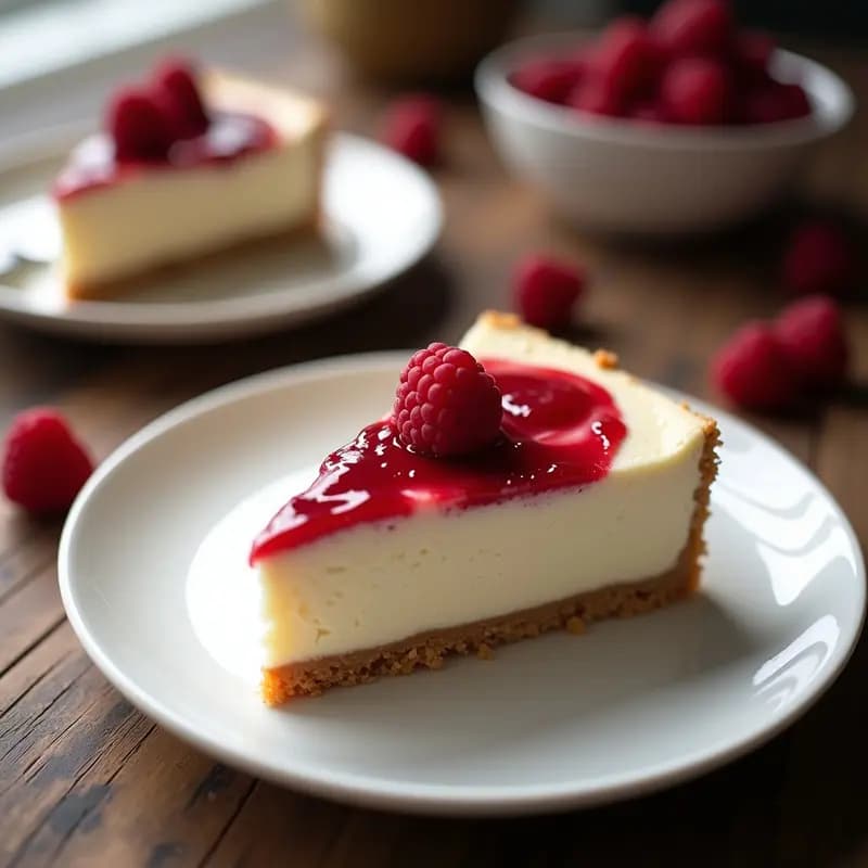 Cheesecake vegano de anacardos y frambuesas con base crujiente de galleta de arroz, decorado con frambuesas frescas y un toque de sirop de agave, servido en porción individual sobre plato blanco.