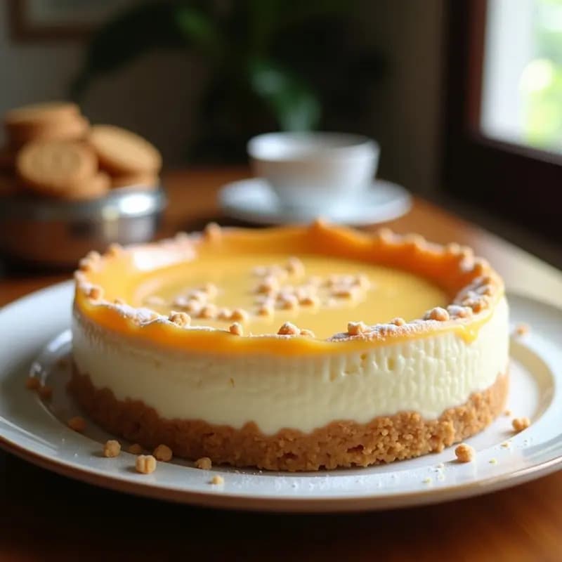 Cheesecake de arequipe y galletas María en molde desmontable, con base dorada de galletas trituradas y capa superior cremosa de color beige claro, decorado con hilos de arequipe y migajas de galleta. Postre colombiano sin horno ultra cremoso.