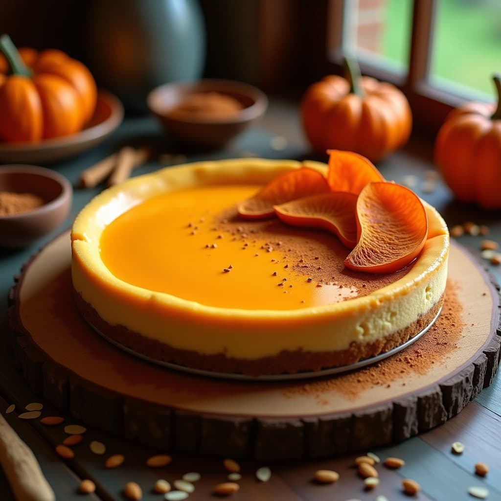 Cheesecake de calabaza y especias sin horno con base crujiente de almendras, decorado con especias pumpkin spice y rodajas de calabaza asada, servido en molde desmontable sobre tabla de madera rústica.